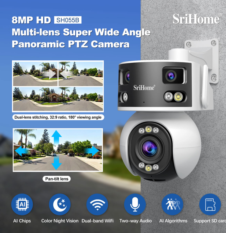دوربین مداربسته سری هوم مدل SH055B SriHome با کیفیت تصویر 8 مگاپیکسل، دید در شب رنگی و PT پانورامیک دوسال گارانتی اصلی + ۶ ماه خدمات رایگانو ارسال رایگان